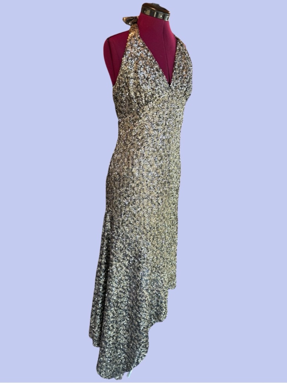 Anna Sui Silver Sequin Asymmetrical Halter Gown size 8